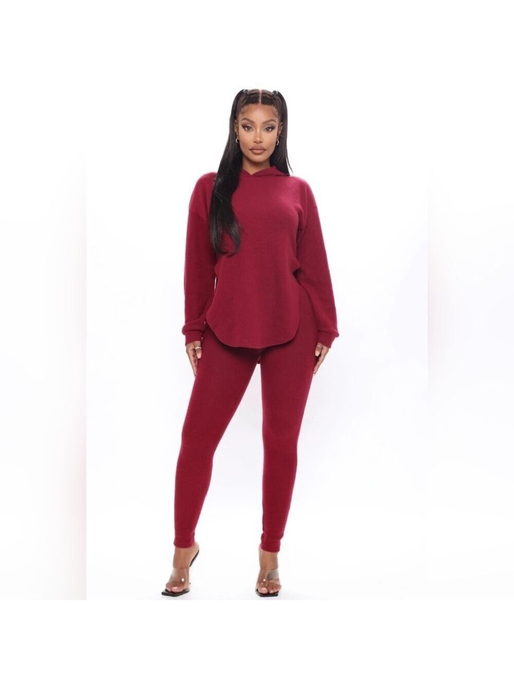 NWT Fashion Nova Set leggings & Hooded Blouse burgandy Color, Medium Size - Picture 1 of 7